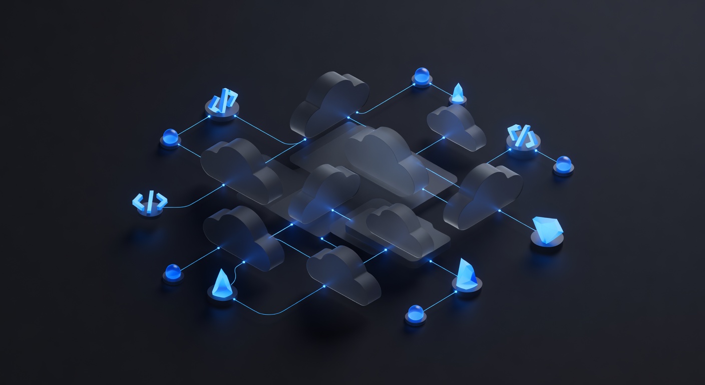 A sleek isometric 3D illustration of a modern cloud infrastructure connected to glowing code blocks and API nodes, representing self-hosted software development, scalable AI integration, and backend architecture, vibrant tech colors, clean minimalist style, no text or logos.