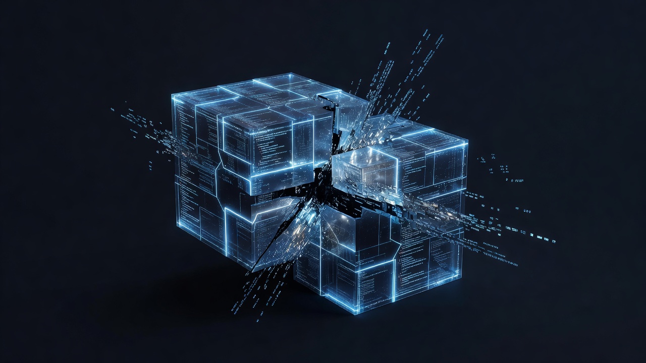 Abstract 3D illustration of glowing code blocks where one block is clumsily overwriting another, causing a fracture or glitch effect, symbolizing rigid and error-prone data replacement, modern tech style, dark theme with neon accents, no text or logos.