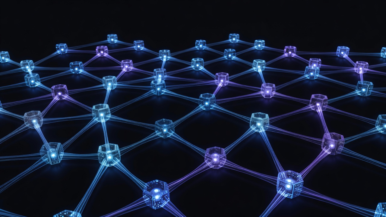 Abstract 3D illustration of glowing nodes connecting seamlessly in a network, representing an optimized and efficient software development workflow with AI, modern tech style, clean and professional, dark background with blue and purple highlights, no text or logos.