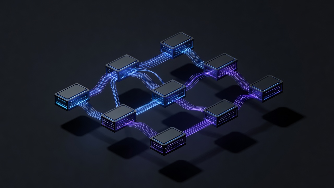 A modern 3D isometric illustration of a distributed server architecture, showing multiple glowing server nodes connected by data streams, representing lightweight local data collection, dark theme with neon blue and purple accents, no text or logos.