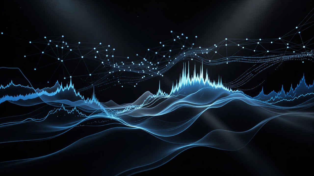 A sleek, abstract representation of machine learning anomaly detection, featuring glowing time-series graphs with highlighted data spikes, neural network nodes processing information in the background, modern tech aesthetic, dark mode, no text or logos.
