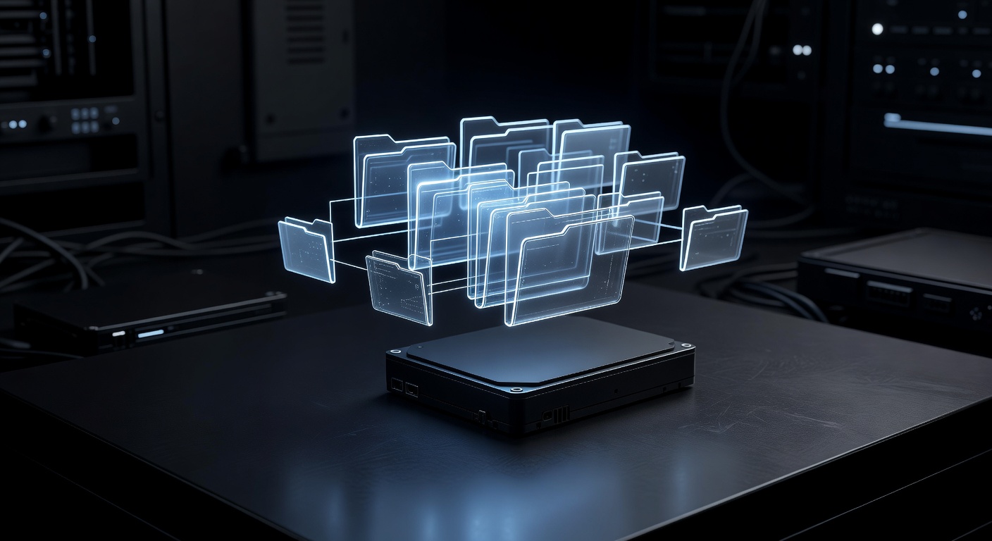 A conceptual 3D illustration showing a glowing, floating digital folder structure detached from a physical hard drive, symbolizing a virtual file system in a modern, dark-themed tech environment. No text or logos.