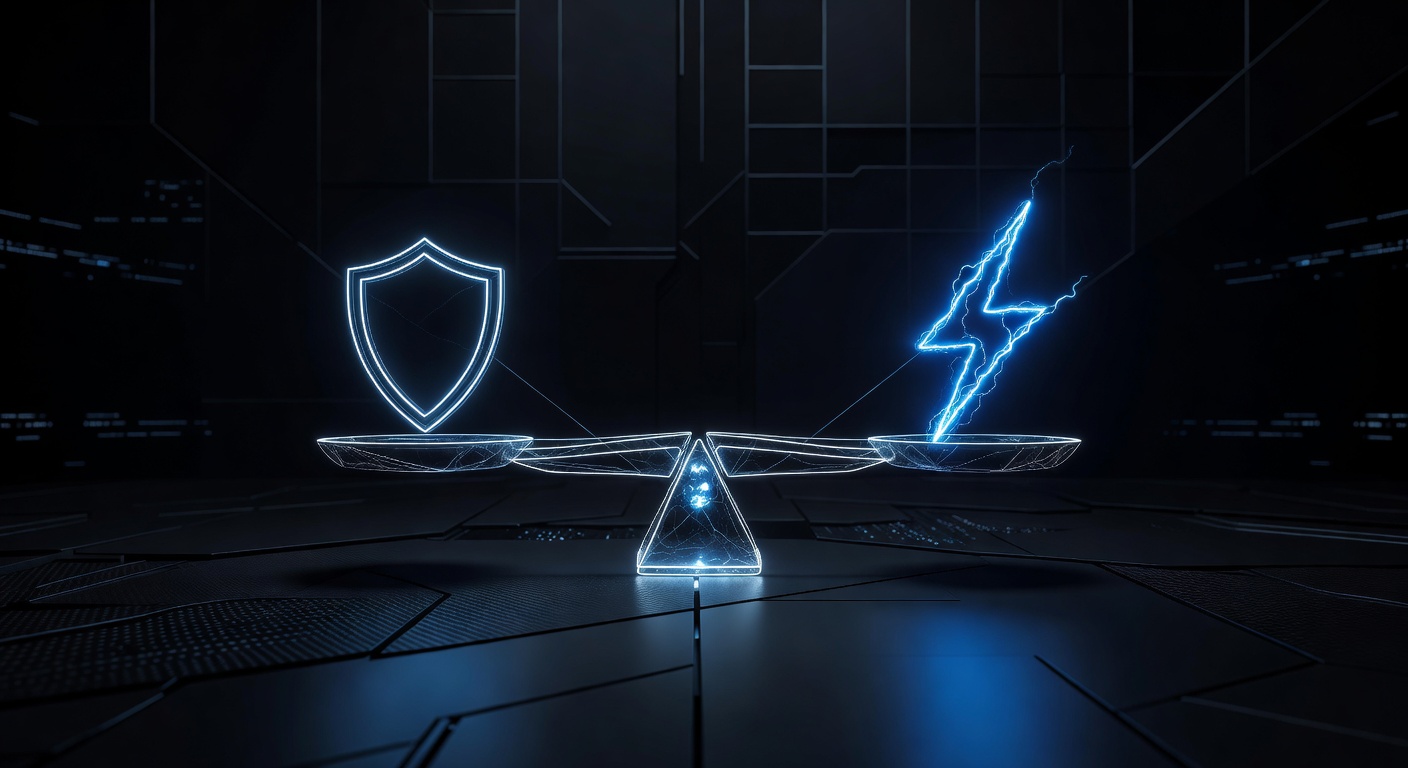 A sleek, abstract representation of a balancing scale made of glowing neon lines, with a shield on one side representing security and a lightning bolt on the other representing performance, set against a dark, futuristic background. No text or logos.