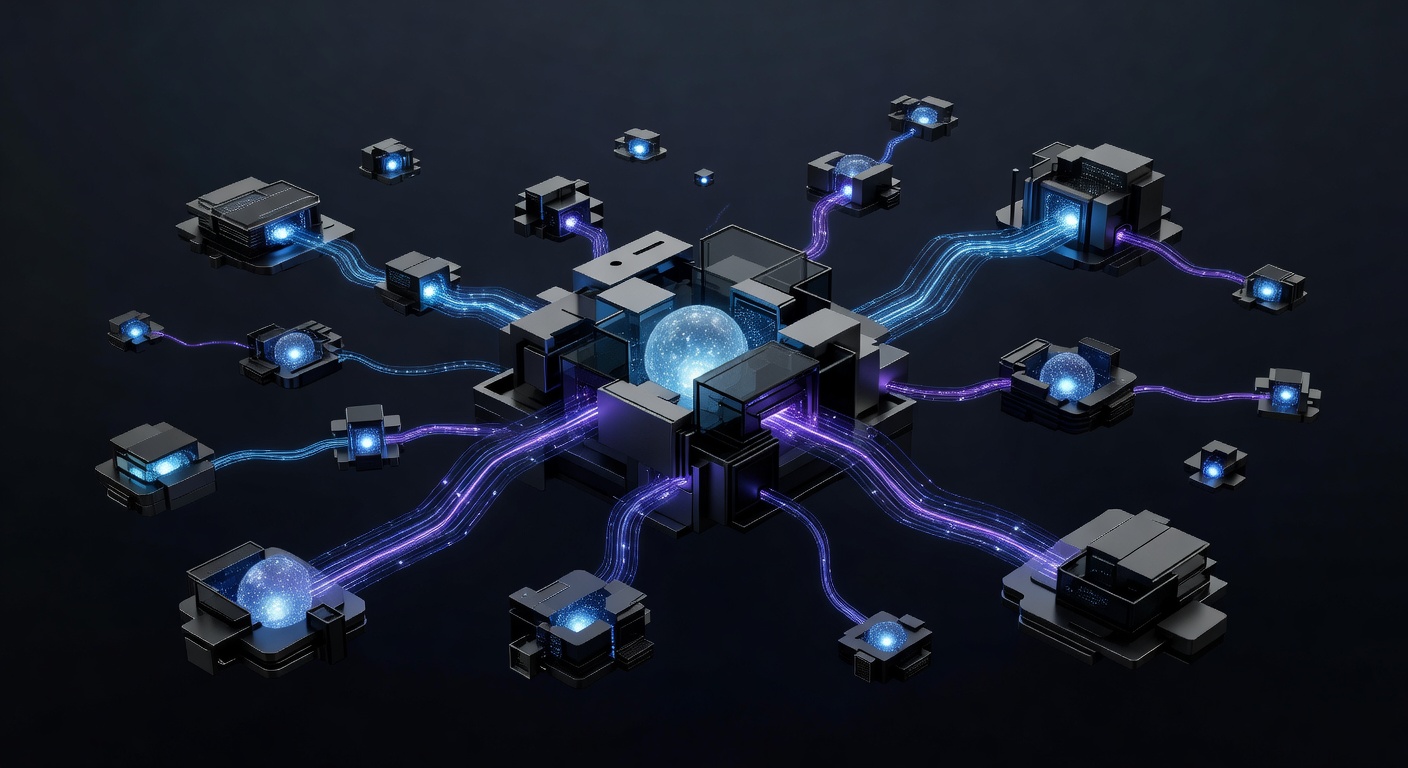 A modern abstract 3D illustration showing a central processing core glowing with digital data streams, connecting multiple nodes to represent real-time synchronization and document parsing, sleek tech aesthetic, dark mode with neon blue and purple accents, no text or logos.