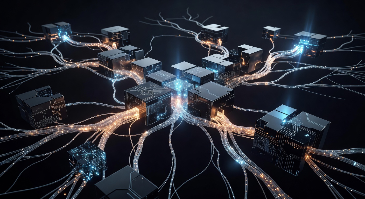 A futuristic conceptual illustration of an artificial intelligence network, featuring glowing neural connections and modular blocks snapping together, representing SDK integration and AI agents, clean modern tech style, dark background with vibrant orange and cyan highlights, no text or logos.
