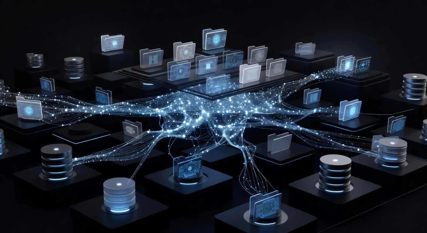 A modern abstract visualization of a cognitive memory layer for AI, featuring glowing interconnected nodes, hierarchical folder structures, and database cylinders representing vector storage, in a sleek dark mode tech aesthetic without any text or logos.