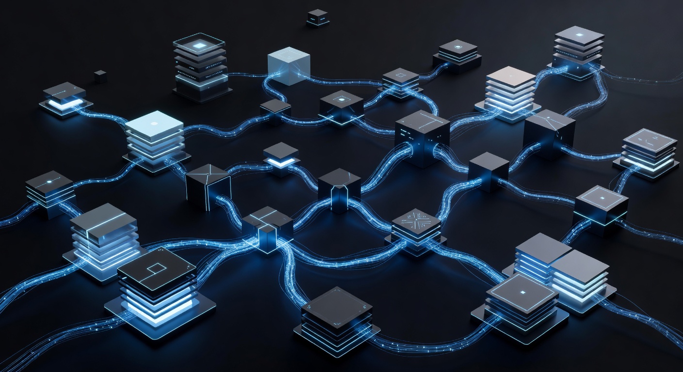 An abstract tech illustration representing software architecture and web development integration, showing interconnected glowing blocks, API data flows, and server infrastructure in a modern, clean isometric style without any text or logos.