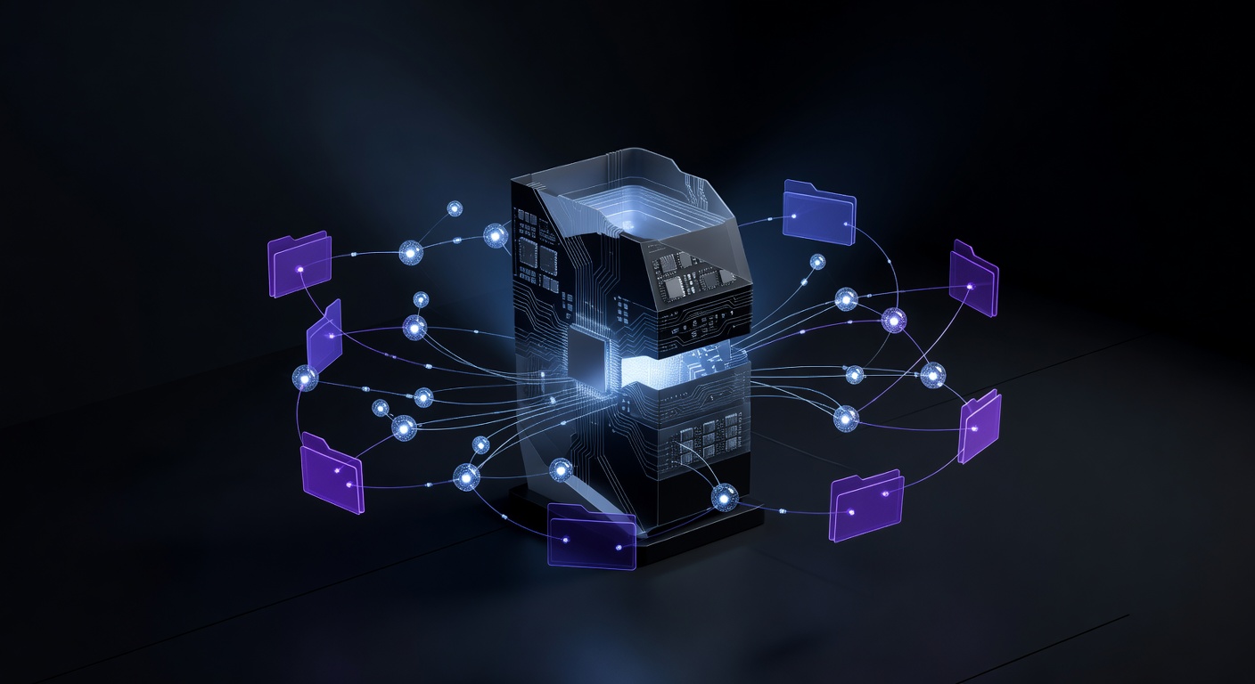 A modern, abstract 3D illustration of a glowing computer processor or local server processing data nodes and holographic folders, representing local AI computation and secure file management, dark mode tech aesthetic with neon blue and purple accents, no text or logos