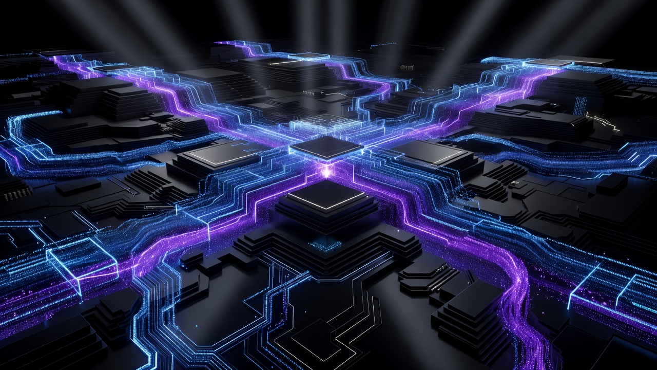 A modern, abstract 3D illustration of glowing code structures and data streams flowing through a futuristic processor, representing high-performance software development and AI coding efficiency, dark theme with neon blue and purple accents, no text or logos
