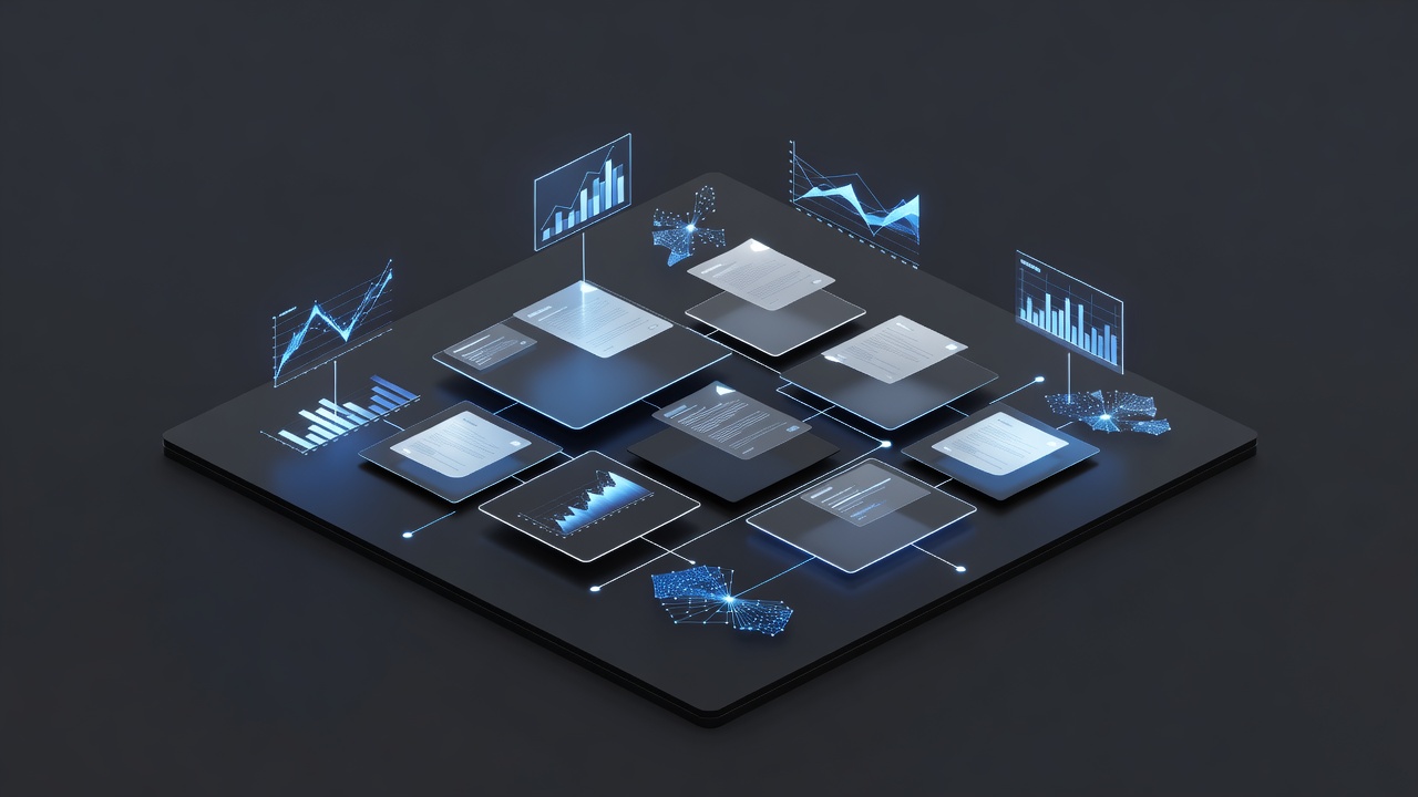 A sleek, minimalist 3D isometric workspace showing interconnected digital screens, floating holographic documents, and abstract data charts, representing a modern enterprise AI workflow, soft lighting, professional tech aesthetic, no text or logos