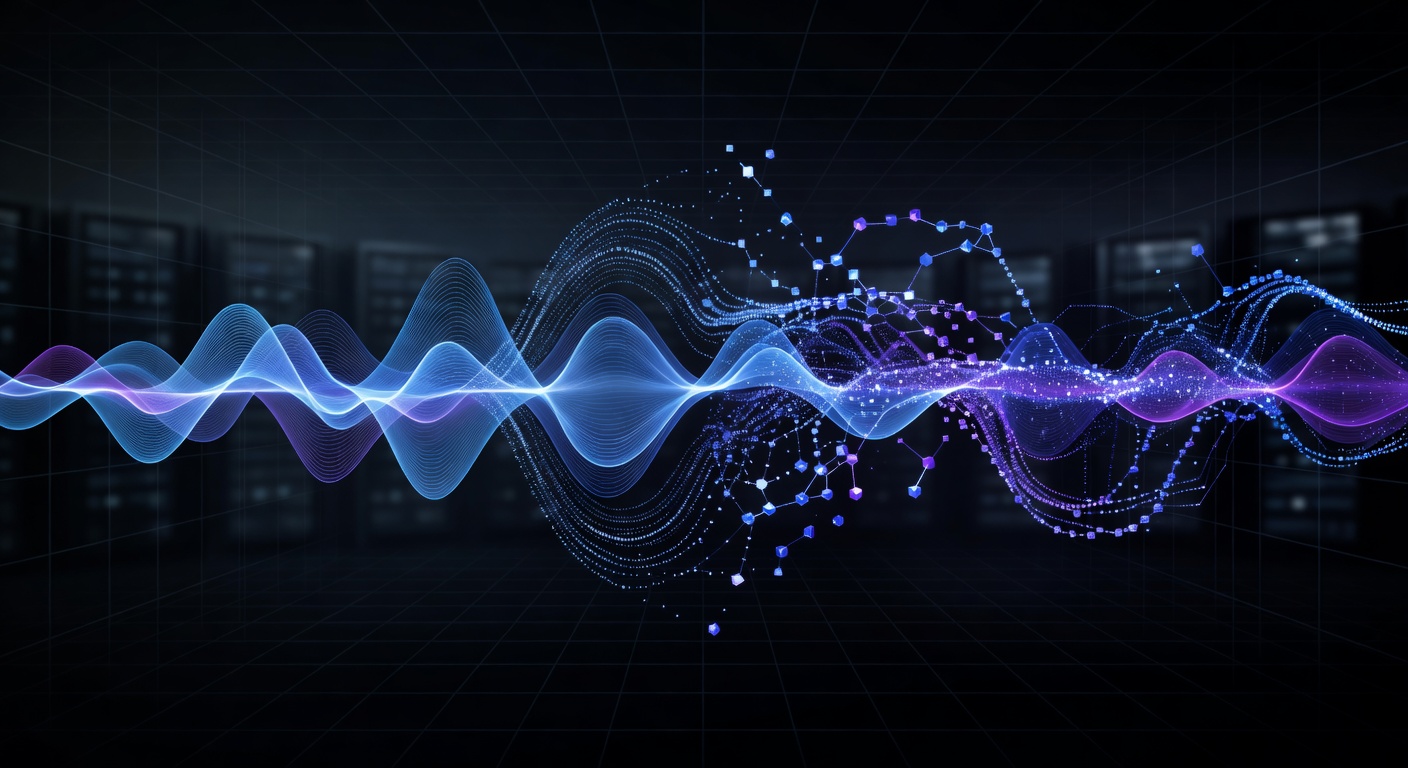 A modern, abstract 3D illustration showing a glowing voice wave transforming into digital data nodes, representing real-time audio processing and API architecture, with a dark tech background and neon blue and purple accents. No text or logos.