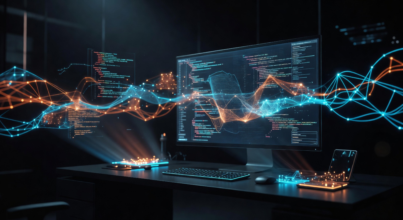 A sleek, modern developer workspace concept featuring floating abstract holographic code structures and interconnected network graphs, symbolizing AI integration in web development and automation. Dark theme with vibrant orange and cyan highlights. No text or logos.