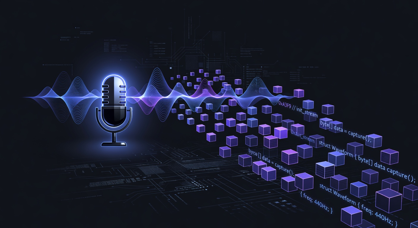 A sleek, modern conceptual illustration showing a glowing microphone icon transforming sound waves into structured digital data blocks and code snippets, featuring a dark mode tech aesthetic with neon blue and purple accents, no text or logos.