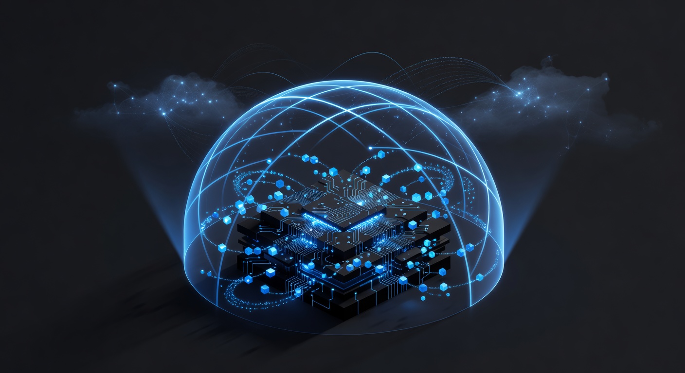 A futuristic abstract representation of a local computer processor securely processing data nodes, surrounded by a glowing shield to represent privacy, with a subtle cloud network in the background, modern 3D isometric style, dark theme, no text or logos.