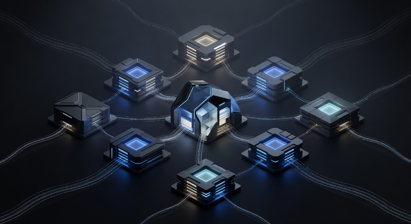 A modern, abstract 3D isometric illustration showing a central orchestrator node connecting to different specialized server blocks. Some blocks glow with a distinct color representing heavy GPU processing, while others represent lighter CPU tasks, connected by glowing data streams. Clean tech aesthetic, dark mode, no text or logos.