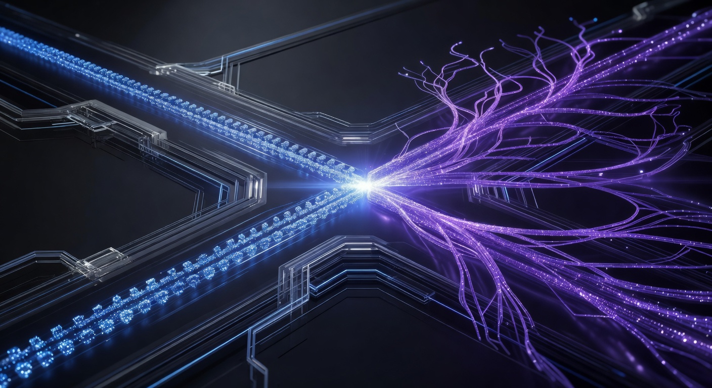Abstract 3D illustration showing a glowing data stream splitting into two parallel paths inside a futuristic processor, with one path moving sequentially and the other expanding in parallel, merging back together in a bright synchronization point. Modern tech style, dark mode with neon blue and purple accents, no text or logos.