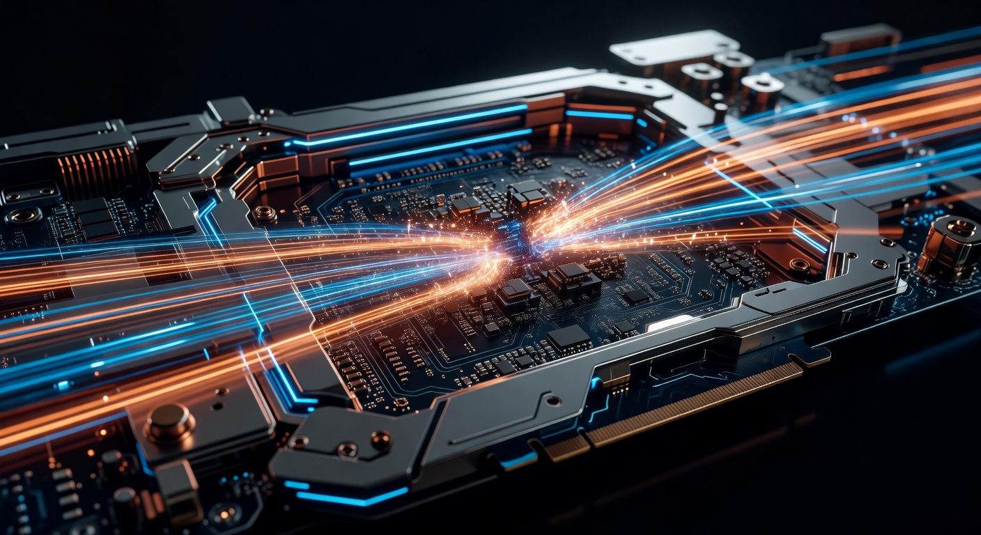 Abstract visualization of high-speed data processing, featuring glowing light trails accelerating through a sleek, metallic GPU core to represent performance speedup. Modern tech style, dynamic motion blur, vibrant orange and cyan colors, no text or logos.
