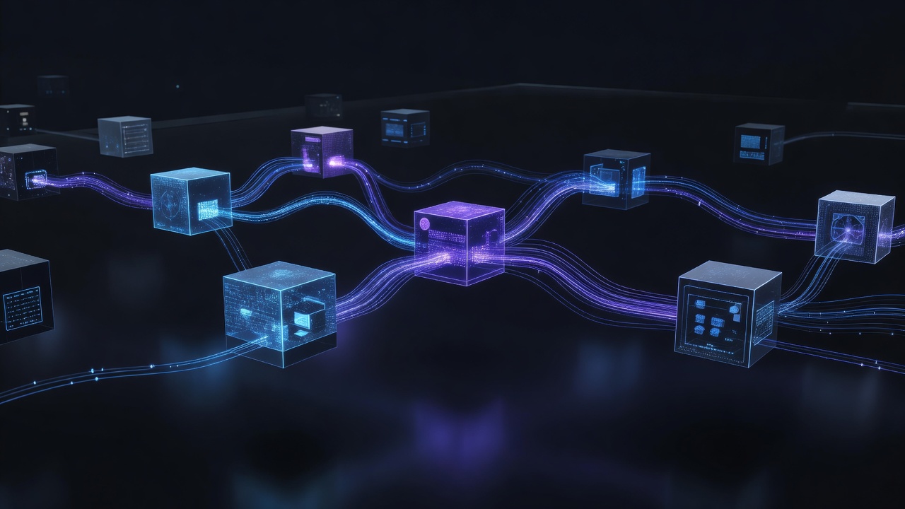 A modern, abstract 3D illustration showing a secure web browser environment with isolated sandboxes represented by glowing translucent cubes, connected by peer-to-peer data streams, using a dark tech color palette with neon blue and purple accents. No text or logos.