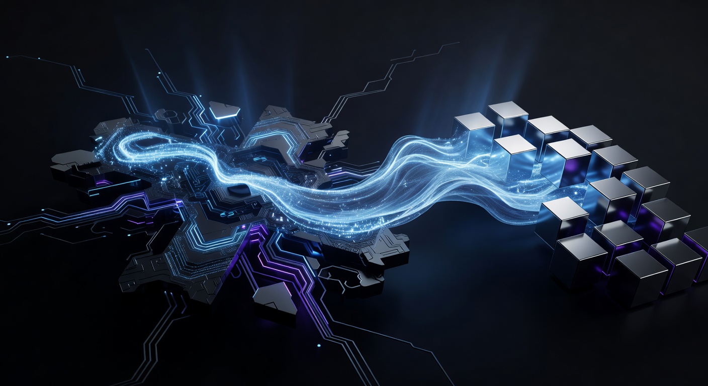 A modern, abstract 3D illustration showing a glowing data stream passing through a high-tech processor node, transforming into solid metallic cubes representing native binary files. Dark theme with neon blue and purple accents, no text or logos.