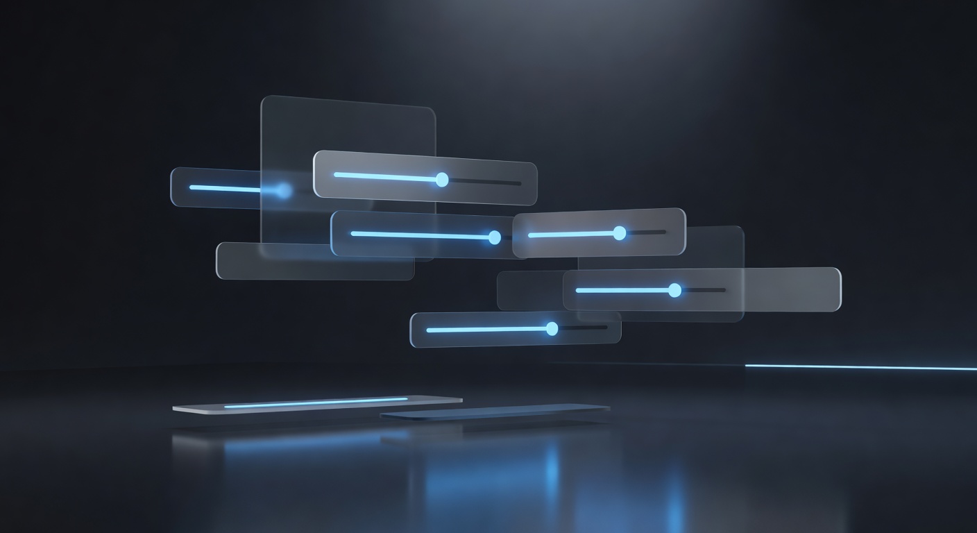 An abstract 3D composition of modern user interface elements like floating buttons, sliders, and panels assembling together in a sleek, minimalist environment. Soft lighting, glassmorphism style, tech-focused, no text or logos.