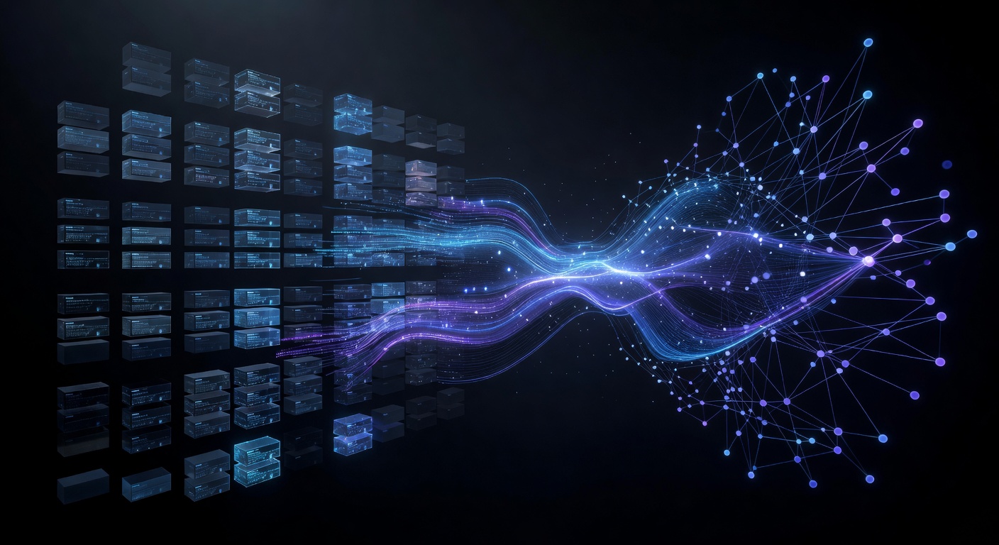 A modern, abstract 3D tech illustration showing standard database grid tables on one side seamlessly transforming into a glowing network graph structure on the other side, connected by glowing data streams, dark mode with neon blue and purple accents, no text or logos.