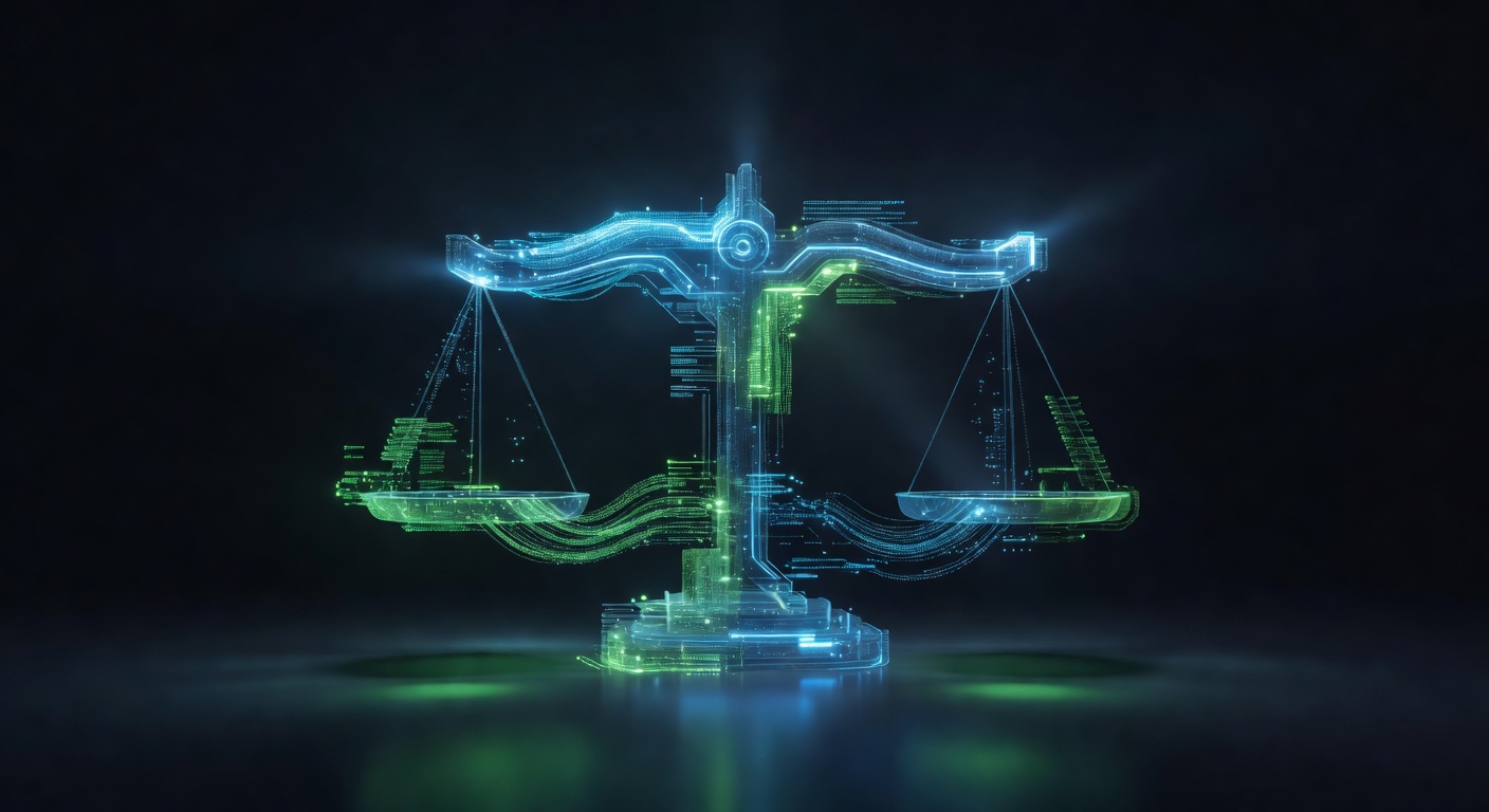 A sleek, modern conceptual illustration of a glowing digital dashboard or a balanced scale made of holographic tech elements, representing performance analysis and system evaluation, dark background with vibrant green and cyan highlights, no text or logos.