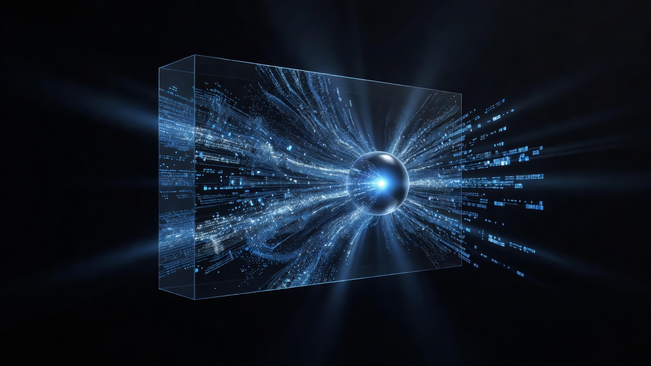 A minimalist, futuristic 3D conceptual illustration showing a large glowing block of data being compressed or refined into a smaller, highly polished glowing core, representing code optimization and efficiency, dark mode tech aesthetic, no text or logos.