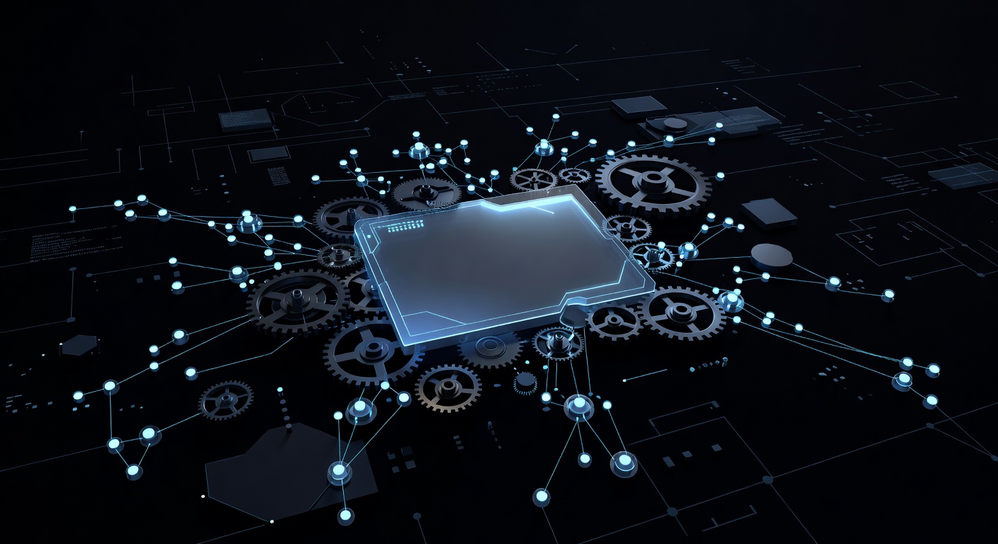A modern, abstract 3D illustration of a glowing terminal interface floating in a dark tech environment, surrounded by interconnected nodes and gears symbolizing background processes, automation, and continuous execution loops, with a sleek, minimalist aesthetic. No text or logos.