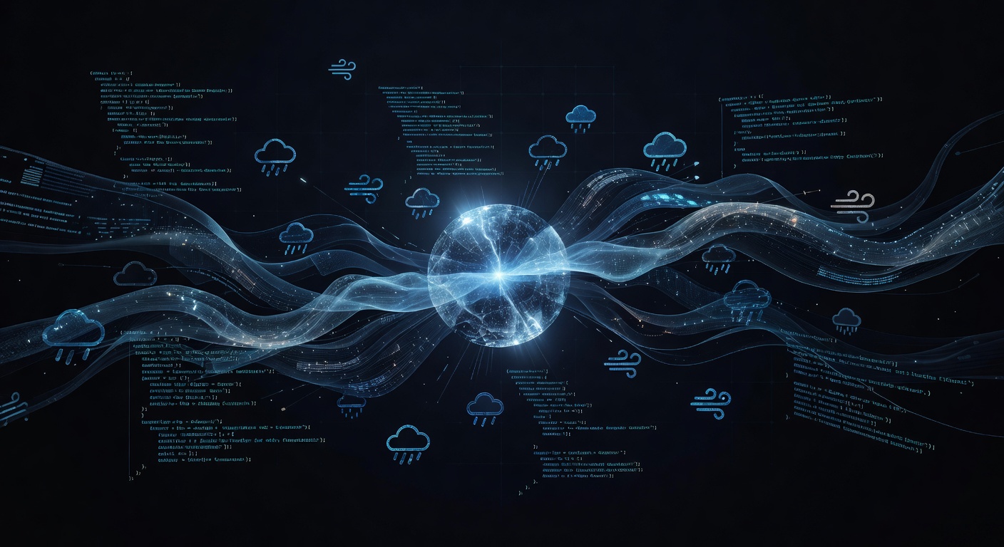 A futuristic dashboard concept showing abstract data streams, weather symbols, and code blocks being processed by a central glowing AI core, representing automated tasks and API monitoring in a sleek, dark mode tech style. No text or logos.