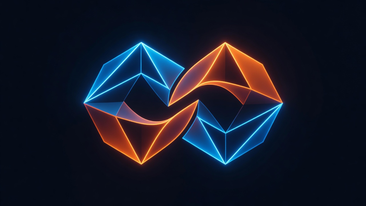 A modern abstract 3D illustration showing two different glowing geometric structures seamlessly interlocking, representing perfect software compatibility and precise replication, dark background with neon blue and orange accents, modern tech style, no text or logos.