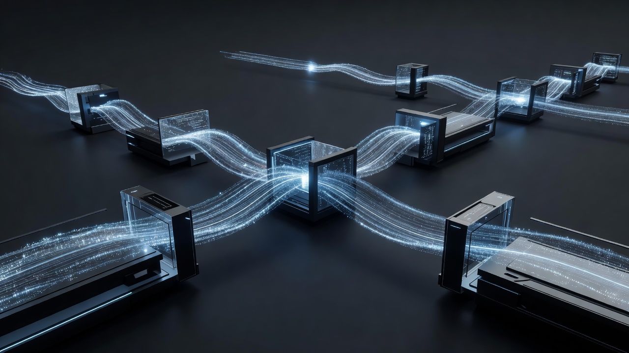 A sleek, futuristic visualization of an automated software pipeline, featuring glowing data streams passing rapidly through a series of high-tech checkpoints, symbolizing continuous integration and workflow efficiency, modern tech style, no text or logos.