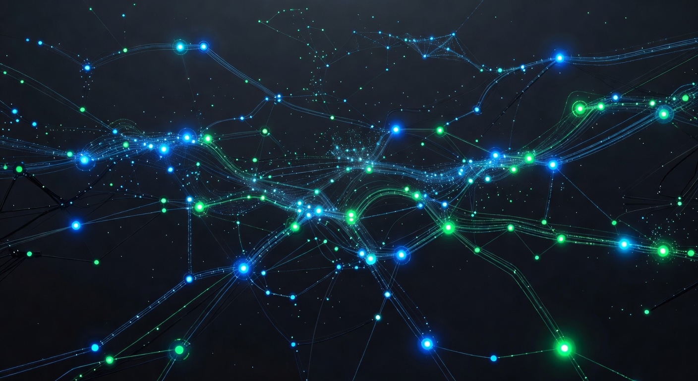 A 3D abstract visualization of a dynamic neural network graph with glowing nodes and connecting lines, representing data flow and tensor operations, modern dark tech style with neon blue and green accents, no text or logos.