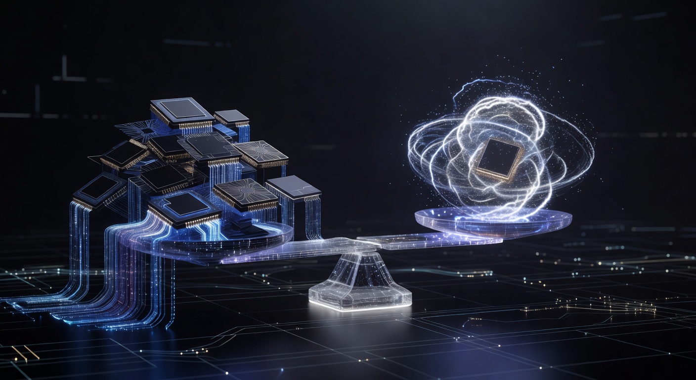 An abstract conceptual illustration of computer memory and processing power balancing on a glowing scale, featuring stylized microchips and data streams in a sleek, modern cyberpunk aesthetic, no text or logos.