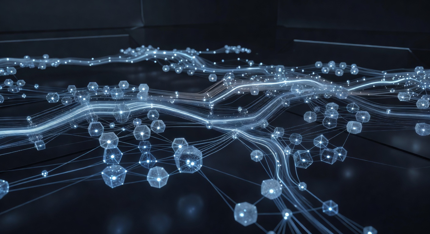 A futuristic, abstract visualization of a multi-agent AI network, showing interconnected glowing nodes forming complex topologies like grids and meshes, with luminous data streams flowing between them in a sleek, dark-themed cyber environment. No text or logos.