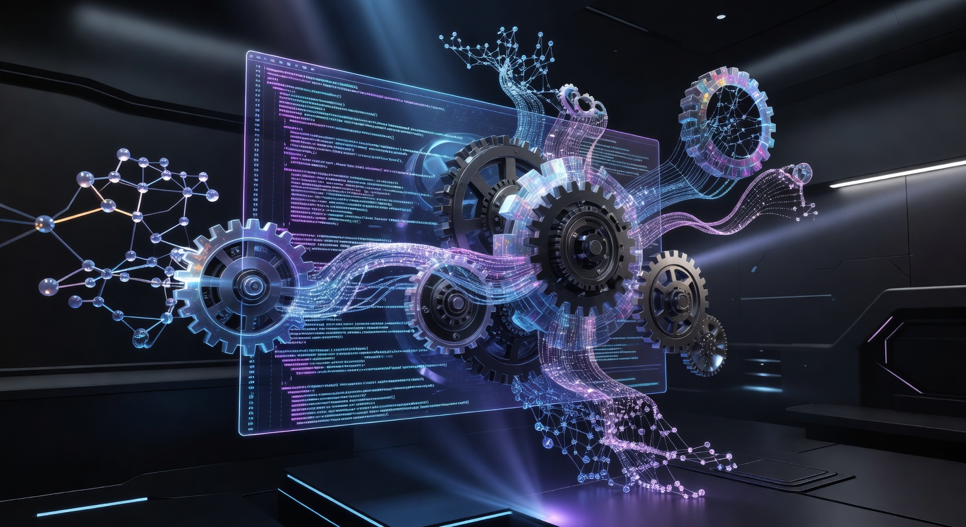 A modern software development concept featuring a glowing holographic code interface merging with abstract artificial intelligence gears and neural network patterns, representing seamless AI integration into programming workflows. Dark mode aesthetic with neon blue and purple accents, no text or logos.
