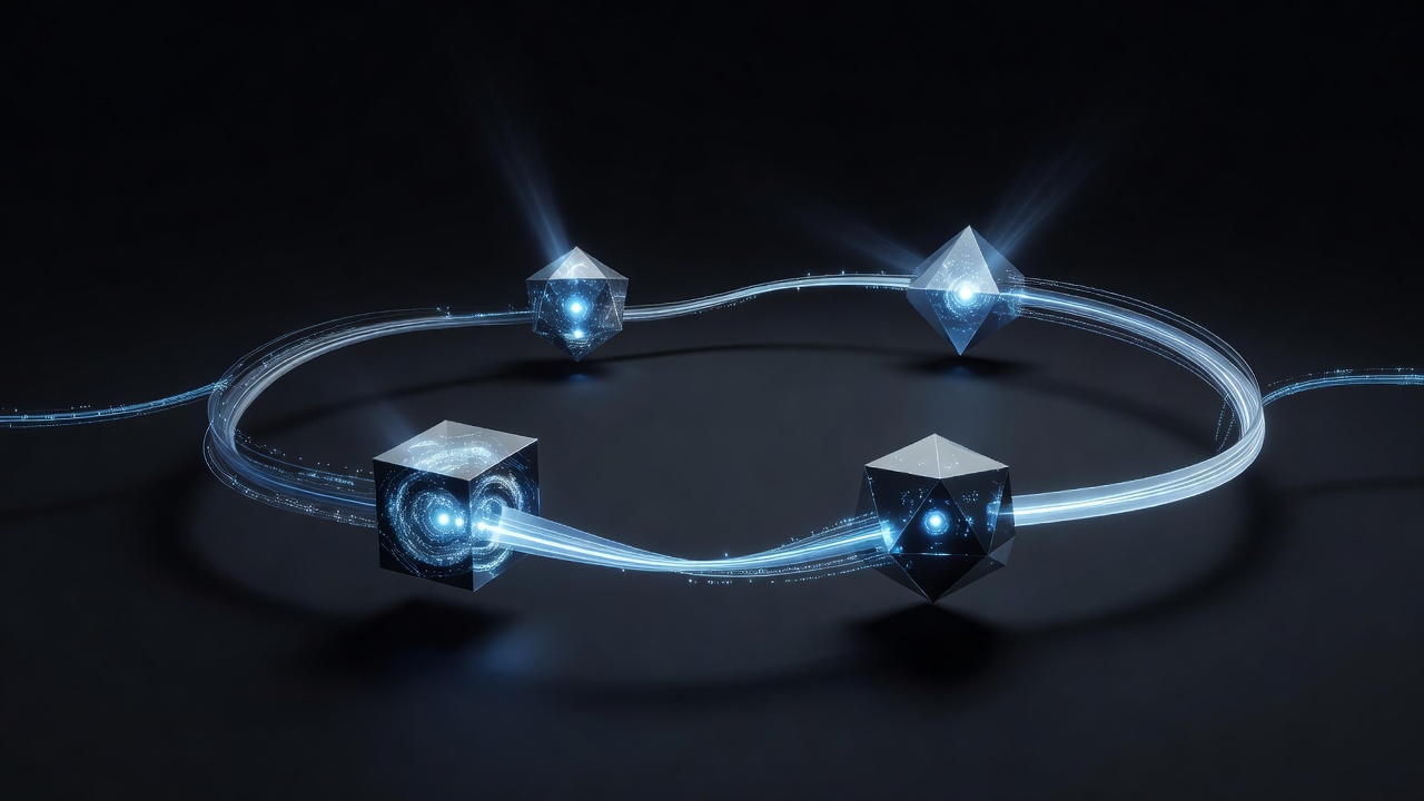 A modern, abstract 3D illustration showing a continuous workflow loop with four distinct glowing nodes representing data processing, code generation, and automated testing, connected by luminous data streams in a dark tech environment, no text or logos.