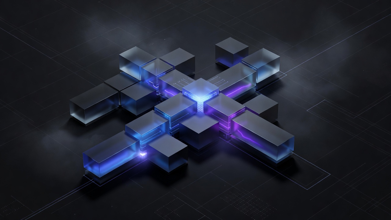 A sleek, futuristic 3D isometric view of a containerized software environment, featuring glowing blue and purple blocks assembling together, symbolizing open-source collaboration and system architecture, no text or logos.