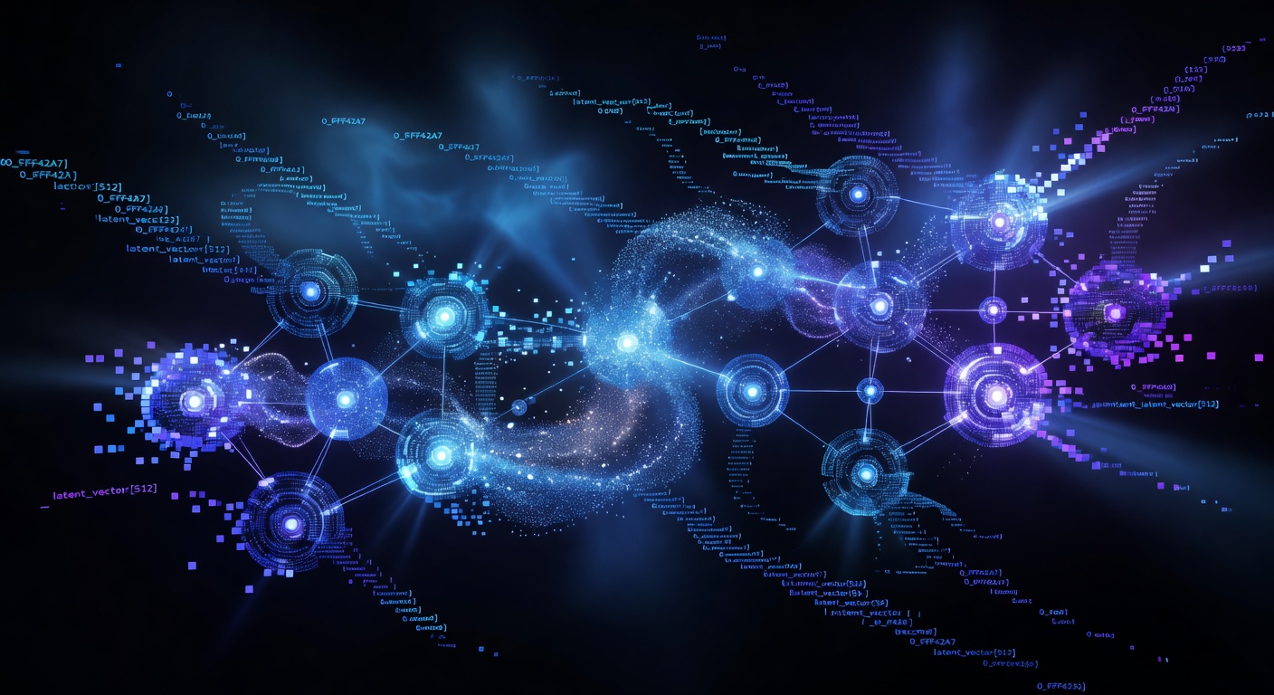 A conceptual digital illustration showing an image being processed through glowing data nodes, representing a diffusion model regenerating pixels, with abstract metadata code dissolving into the background. Modern tech style, neon blue and purple hues, no text or logos.