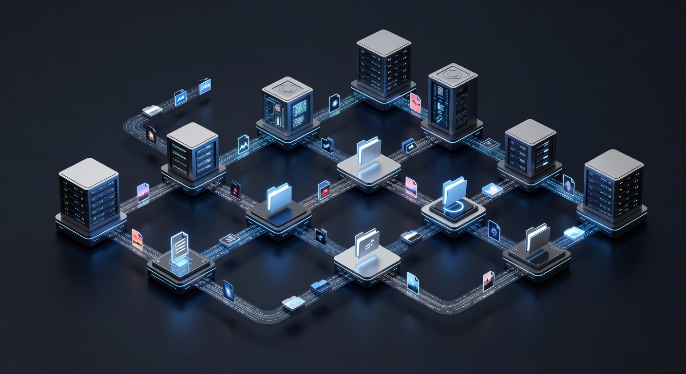 A sleek, modern 3D isometric illustration of an automated digital pipeline, featuring interconnected glowing servers and folders processing image files on a conveyor belt-like data stream. High-tech aesthetic, clean lighting, no text or logos.