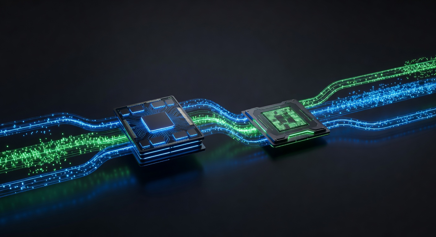 A modern, abstract 3D visualization of data flowing dynamically between two glowing computer chips representing system RAM and a GPU. Glowing data packets or nodes are shifting back and forth through futuristic light beams, emphasizing dynamic memory allocation and hardware efficiency. Dark background with neon blue and green accents, sleek tech aesthetic, no text or logos.