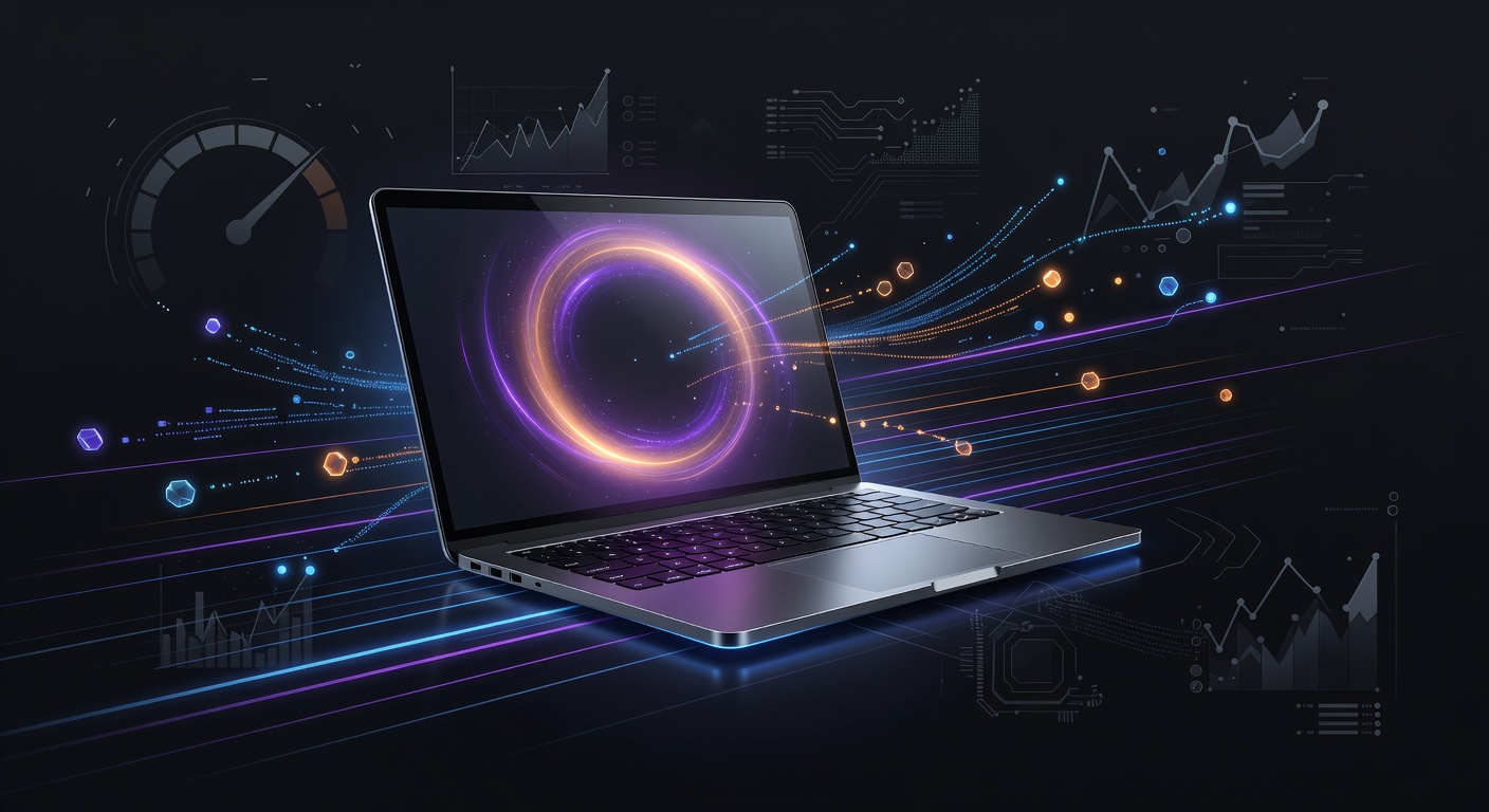 A sleek, conceptual 3D illustration of a high-performance laptop emitting a soft glowing aura, with abstract speed lines and glowing data tokens floating from its screen. The background features subtle, dark tech patterns like a speedometer or processing graphs, representing computational speed and hardware constraints. Modern futuristic aesthetic, neon purple and orange accents, no text or logos.