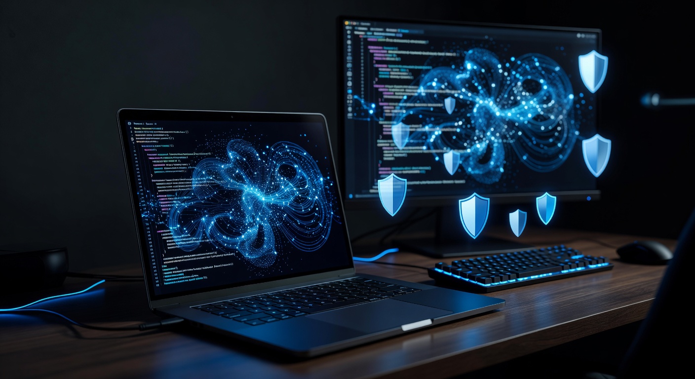 A modern software developer's workspace featuring a sleek laptop and external monitor displaying abstract code structures, with glowing shield icons symbolizing privacy and local data security, set in a dimly lit, cozy tech environment. No text or logos.