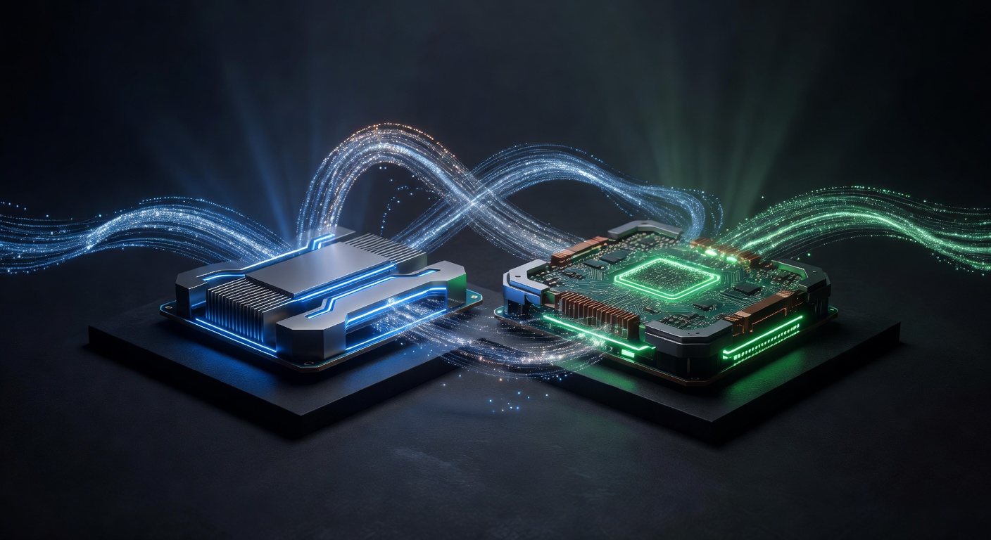 A conceptual 3D illustration of two high-end computer processors or servers connected by glowing data streams, representing a benchmark test between different hardware architectures. Futuristic neon blue and green lighting, modern tech aesthetic, no text or logos.