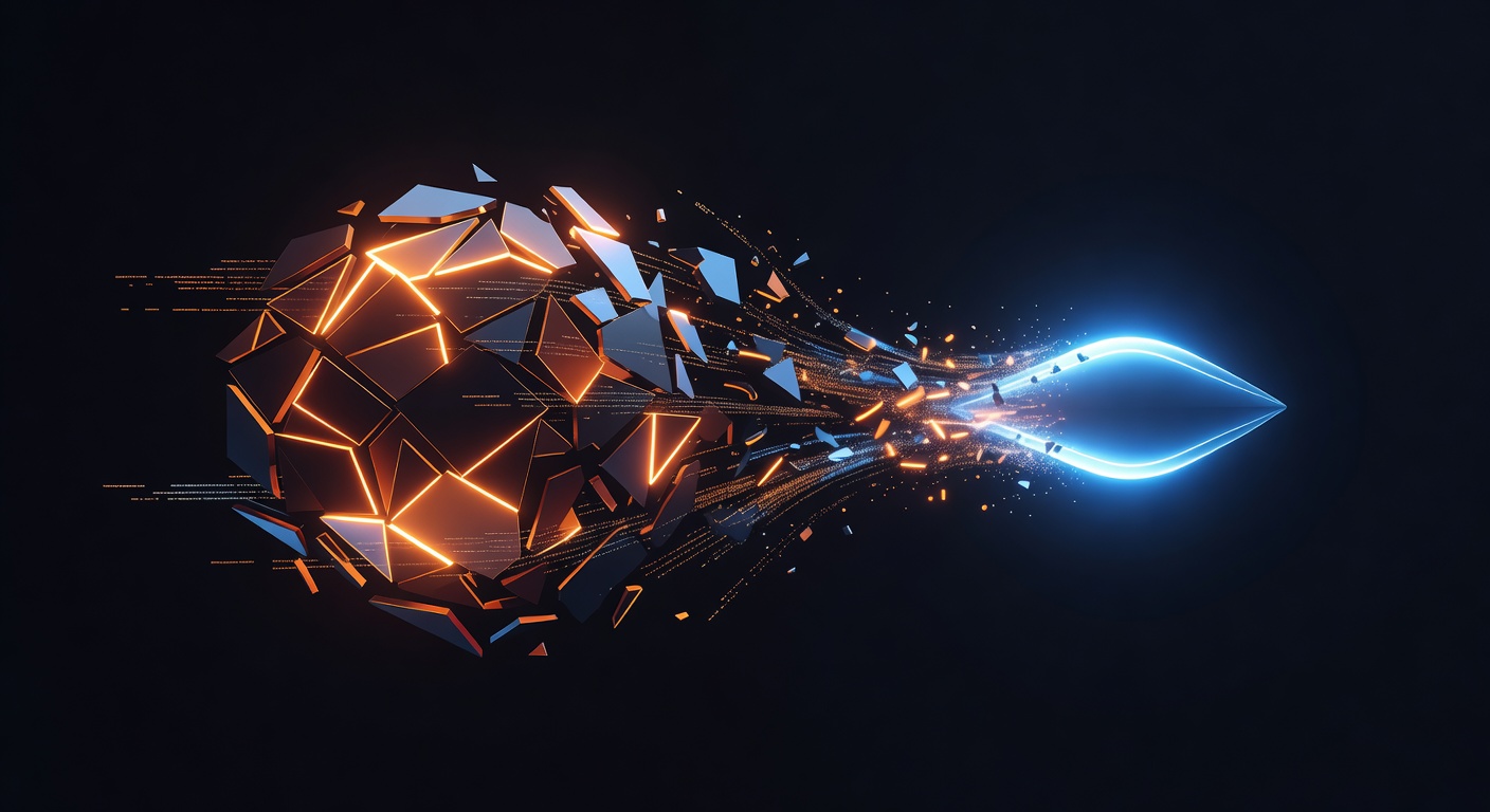 A modern, abstract 3D illustration showing a large, fragmented glowing data block transforming into a highly compact, streamlined, and brightly glowing core, representing code optimization and efficiency. Dark background with neon orange and blue accents, high-tech aesthetic, no text or logos.