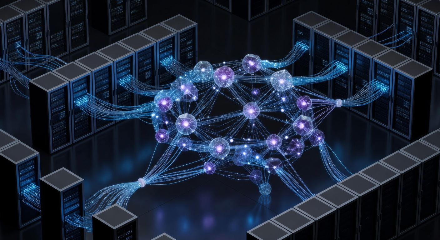 A sleek 3D isometric view of modern server racks or cloud infrastructure seamlessly connecting with glowing neural network nodes, symbolizing the integration of AI automation in web development backends. Clean, futuristic tech style with cyan and purple lighting, no text or logos.