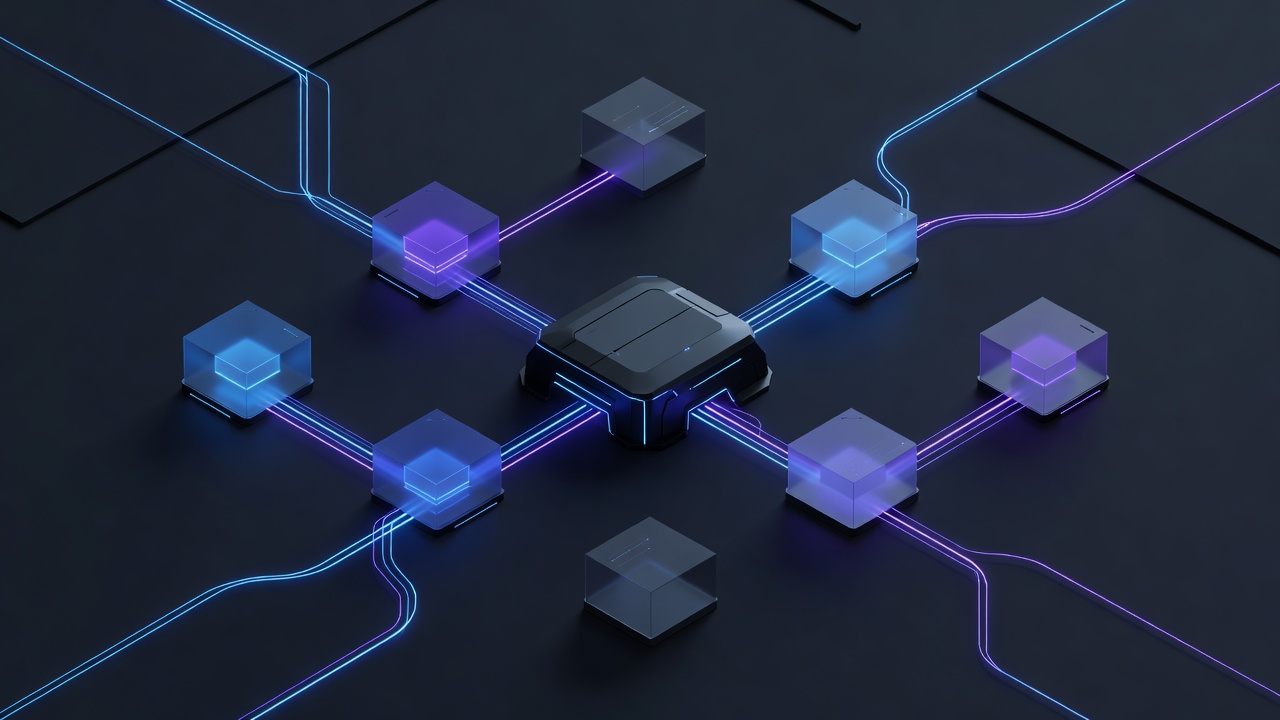 A modern 3D isometric illustration showing a central control hub managing multiple isolated glowing container boxes, with dynamic data pathways routing traffic to specific boxes, representing a lightweight technical architecture. Clean tech aesthetic, dark mode with neon blue and purple accents, no text or logos.