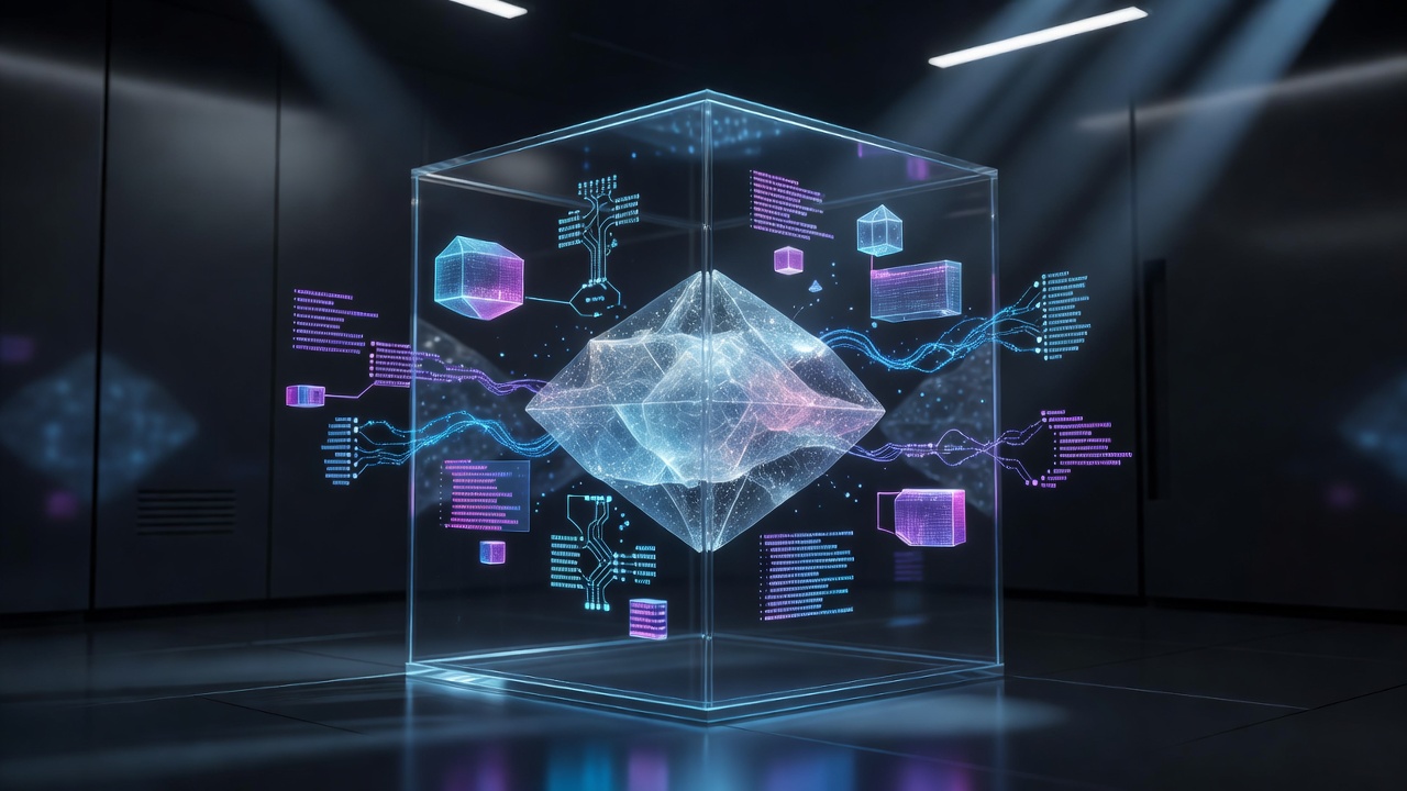 A futuristic conceptual illustration of an artificial intelligence core interacting with floating holographic code blocks and file structures inside a secure, glowing transparent cube. Modern tech style, vibrant colors, no text or logos.
