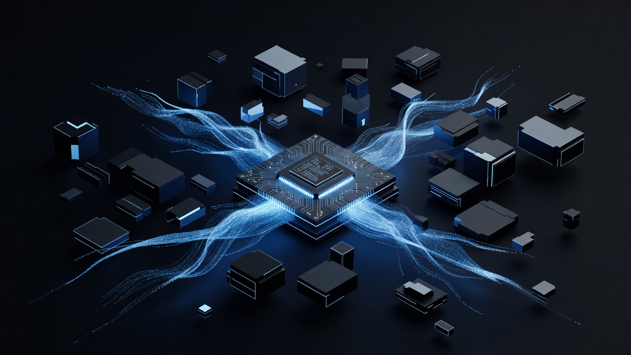 A modern 3D isometric illustration of a computer processor glowing with data streams, surrounded by abstract floating blocks representing software components and folders, dark mode tech aesthetic, no text or logos.