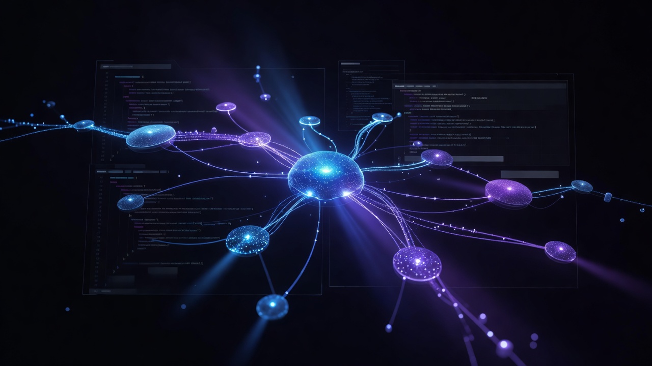 A sleek, abstract representation of an AI assistant interacting with a code editor interface, featuring glowing nodes connecting to a central hub, neon blue and purple color palette, modern tech aesthetic, no text or logos.