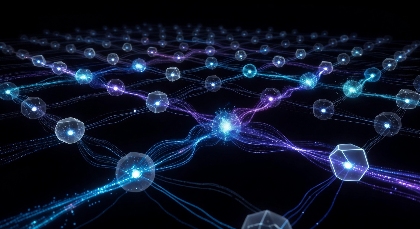 A modern, abstract visualization of a multi-agent AI system, featuring glowing parallel nodes processing data streams, representing automated code review and error detection, dark theme with neon blue and purple accents, no text or logos